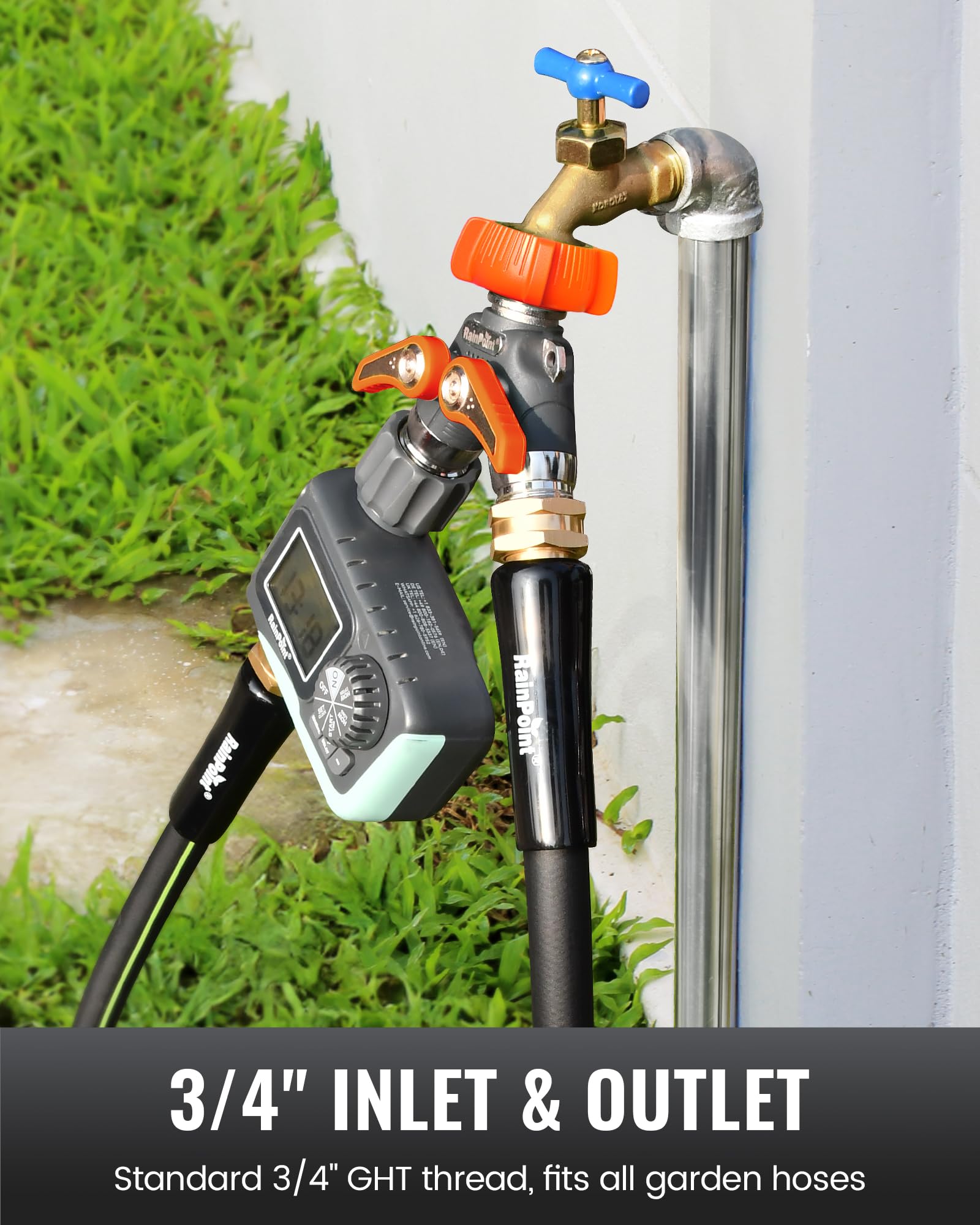 RAINPOINT backyard irrigation setup illustrating reliable dual-line watering control