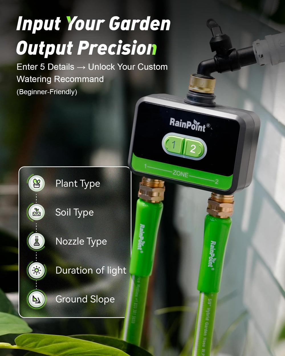 RainPoint in a backyard garden setting with lawn and flowerbeds, convenient hands-free irrigation
