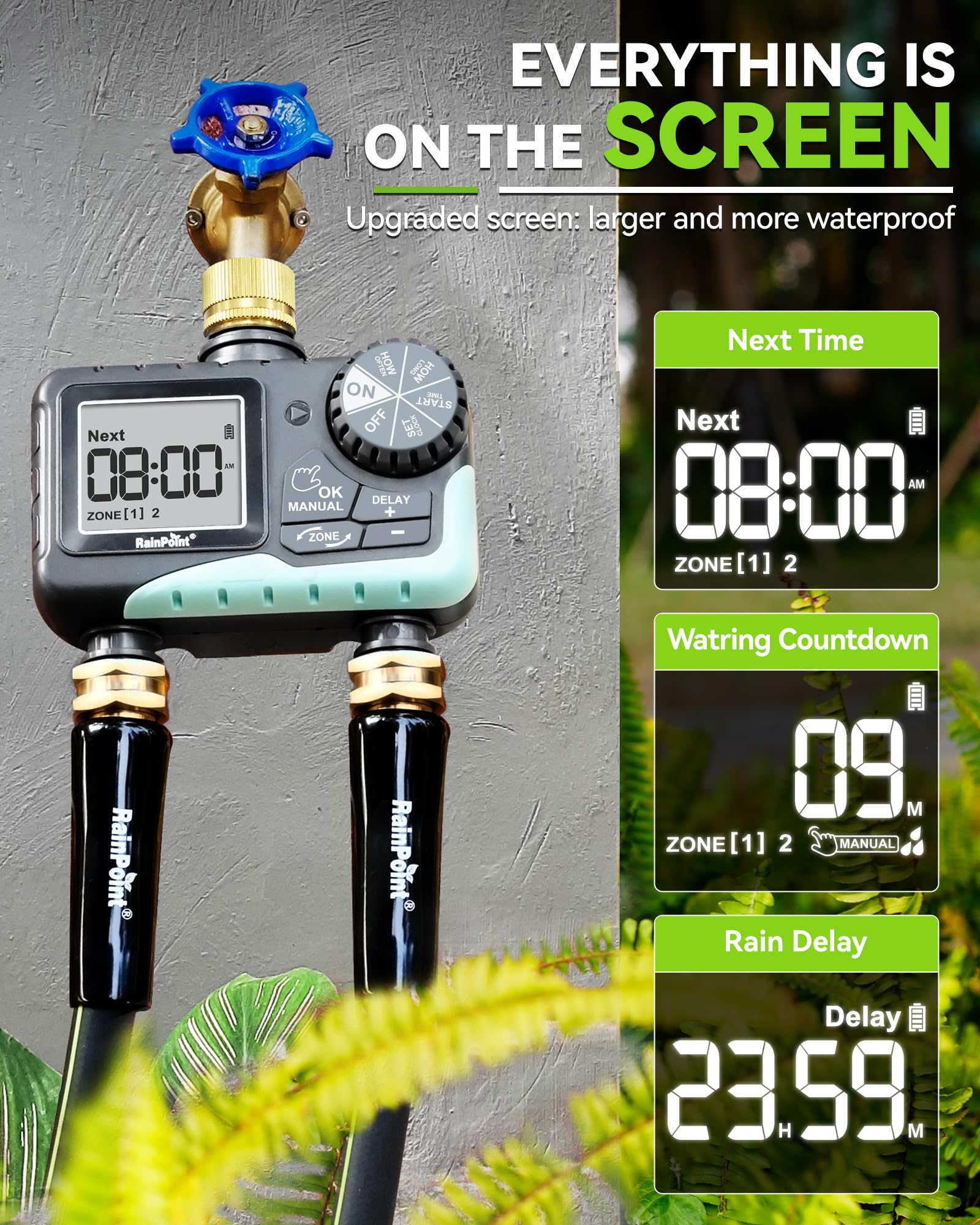 RAINPOINT mounted on outdoor spigot watering garden beds and lawn efficiently