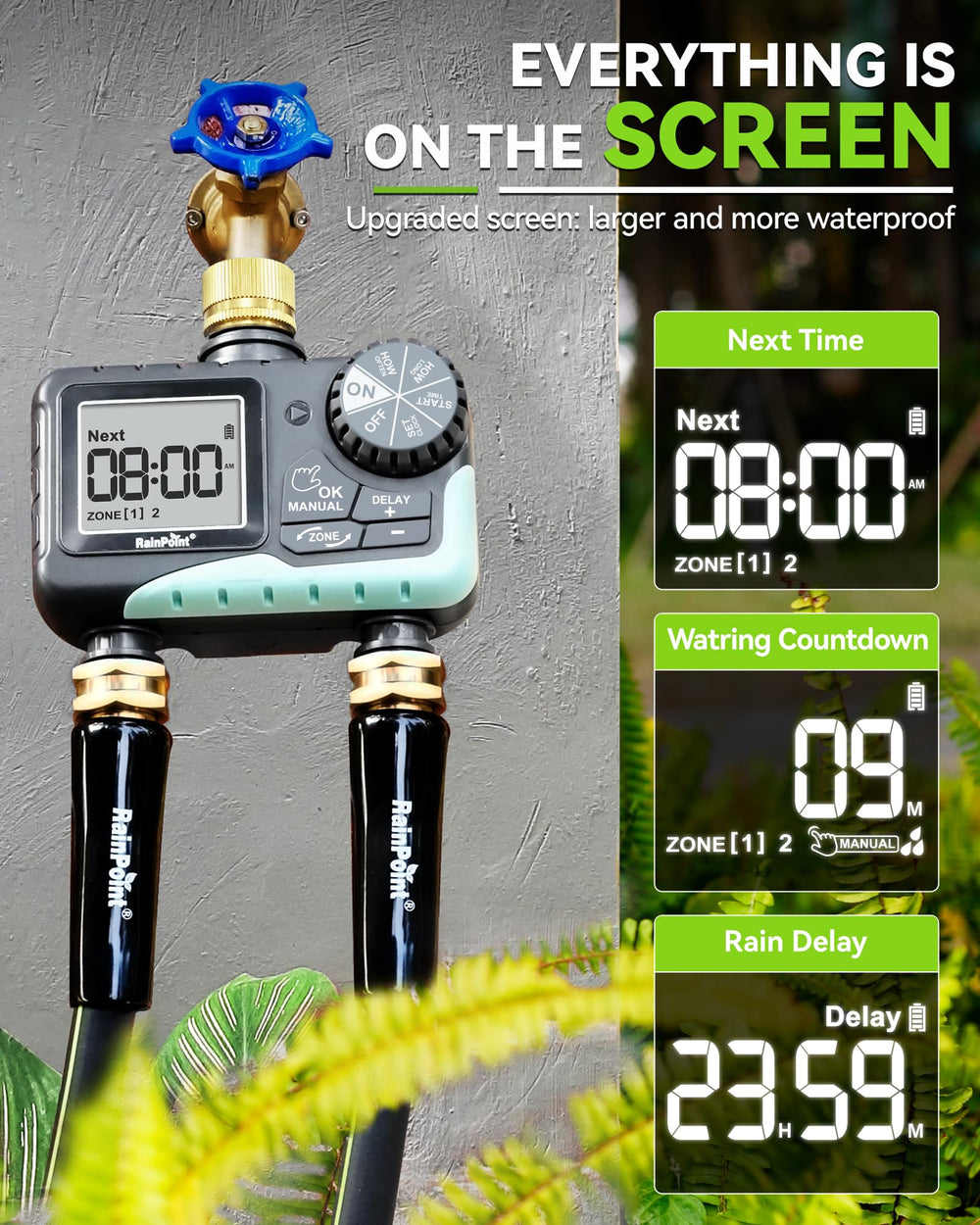 RAINPOINT mounted on outdoor spigot watering garden beds and lawn efficiently