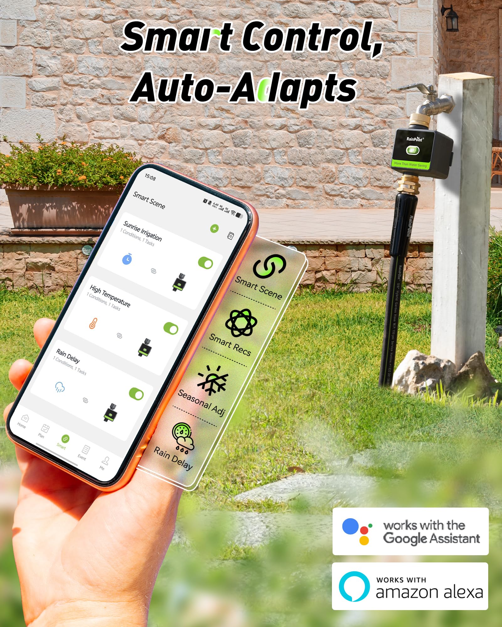 RAINPOINT timer mounted on garden hose attached to spigot for automatic watering