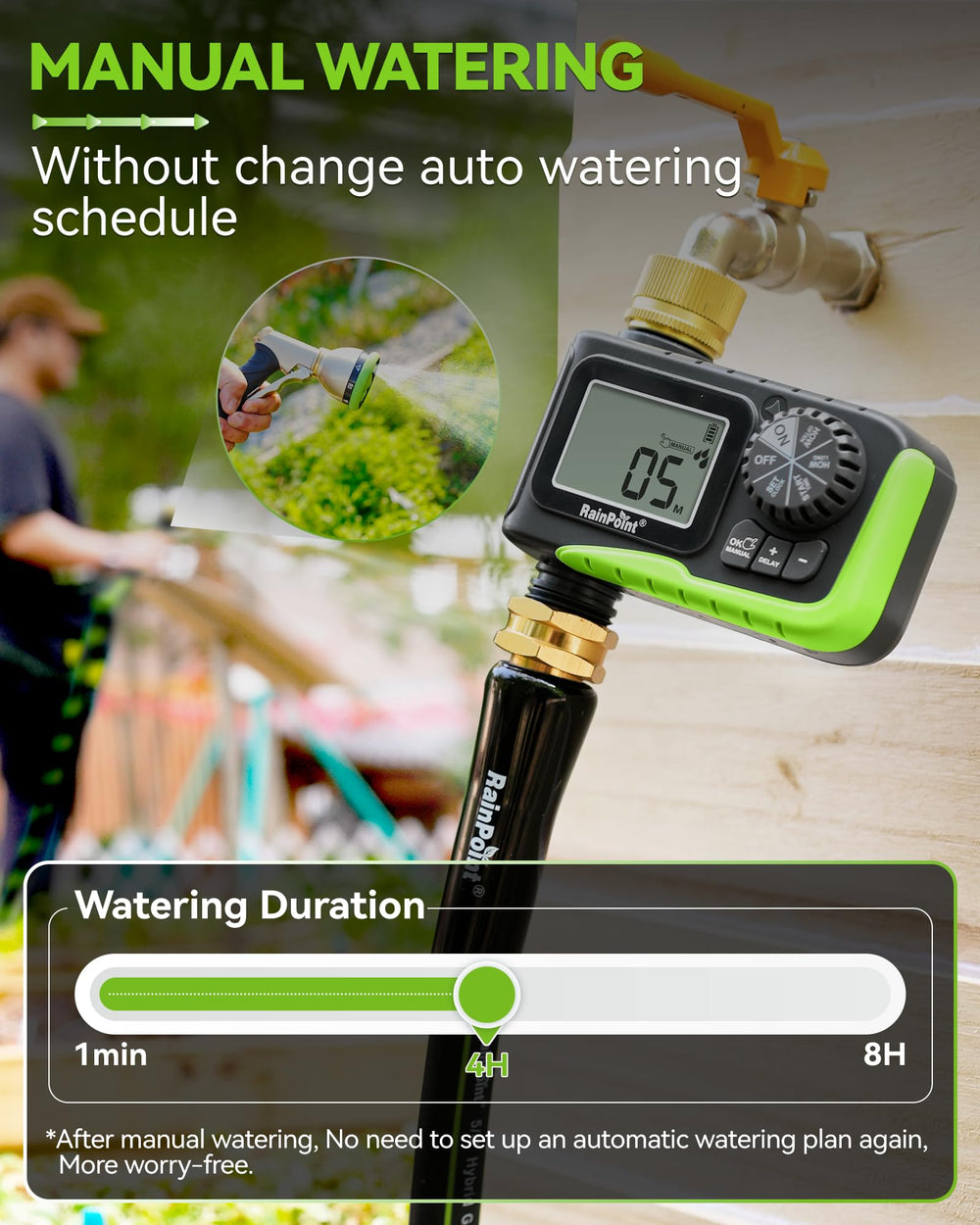 RAINPOINT mounted on outdoor spigot, hands-off irrigation convenience benefit