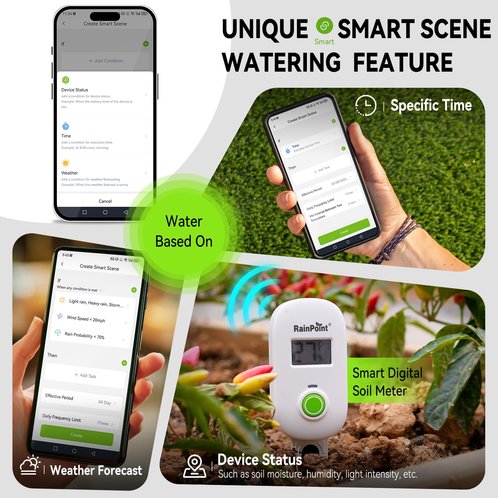 RAINPOINT system connected to multiple pots, maintains consistent moisture