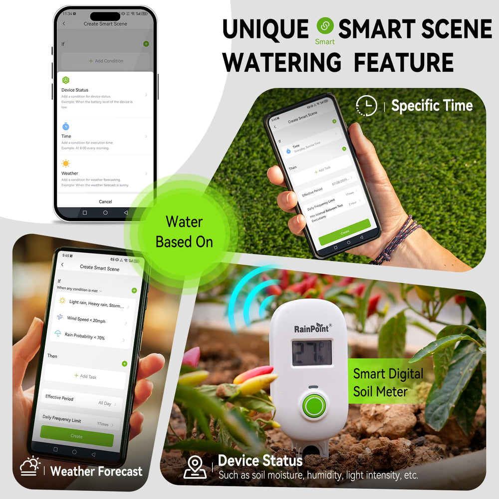 RAINPOINT system connected to multiple pots, maintains consistent moisture