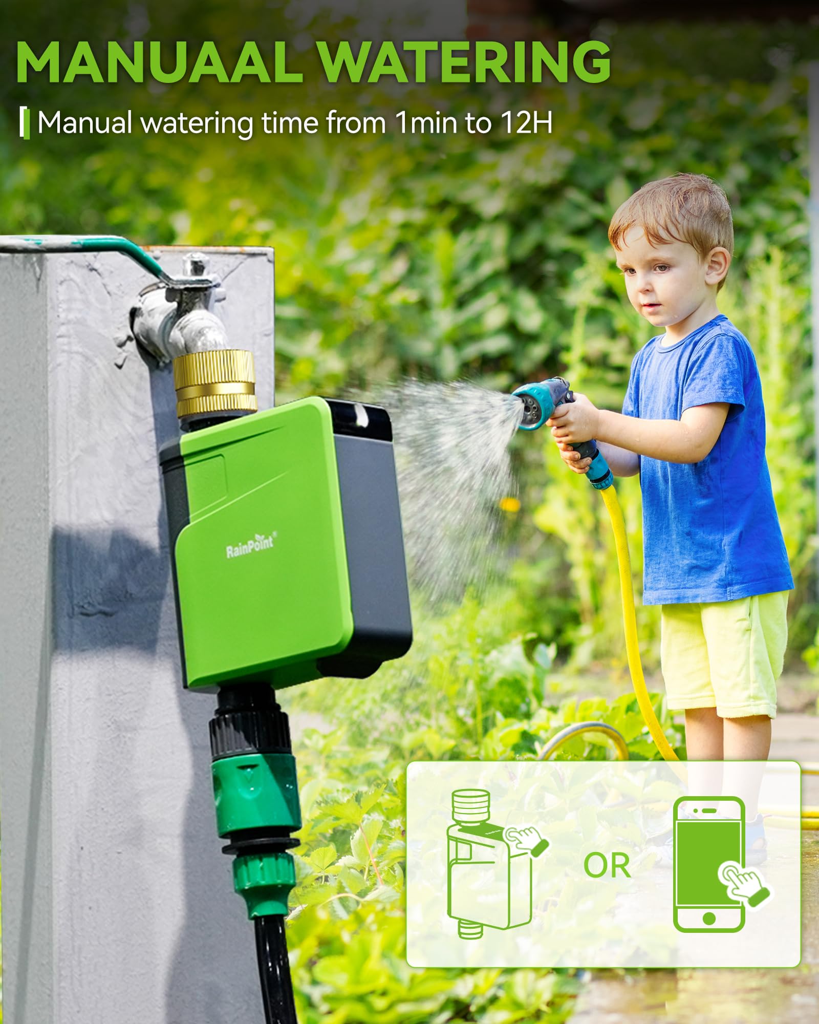 RAINPOINT multiple timers linked to hub demonstrating scalable multi-zone irrigation setup