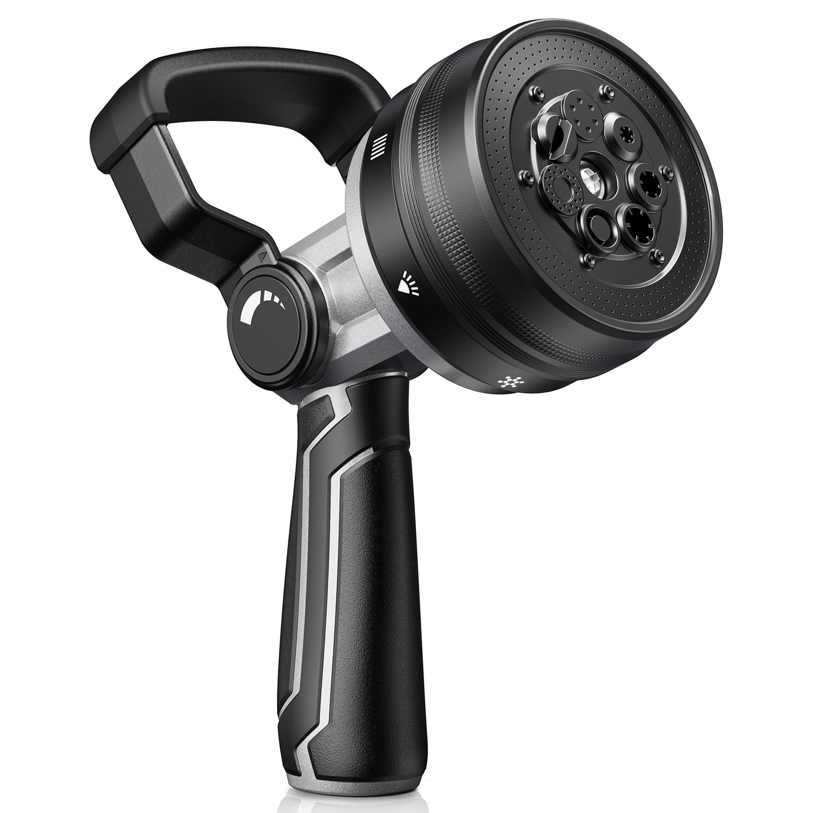 RAINPOINT nozzle front view showing durable metal body and spray face benefit: clear pattern selection