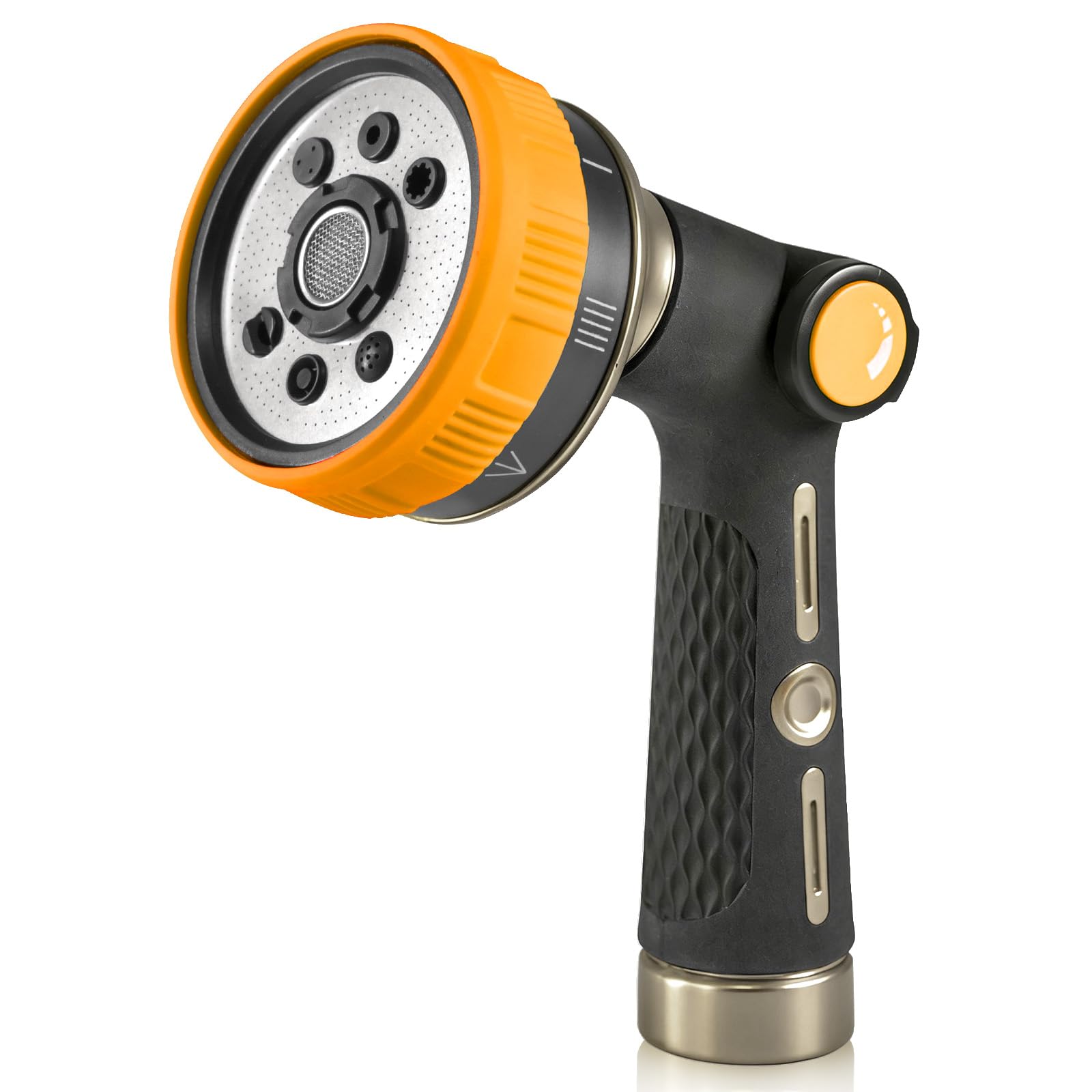 RAINPOINT front view of yellow heavy-duty nozzle showing ergonomic thumb control and fast pattern selection
