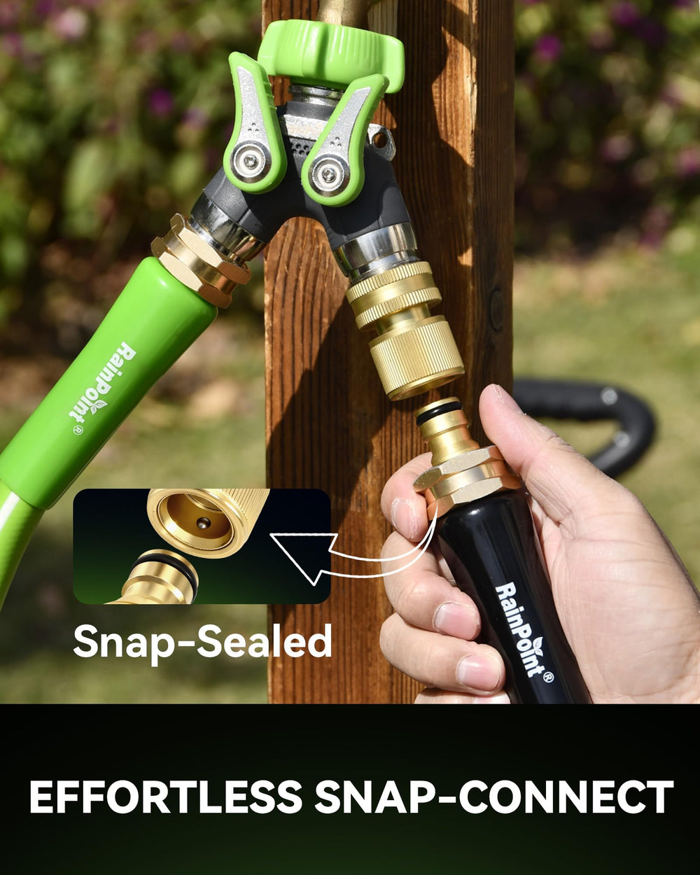 RAINPOINT connector linked to a pressure washer illustrating high-pressure compatibility