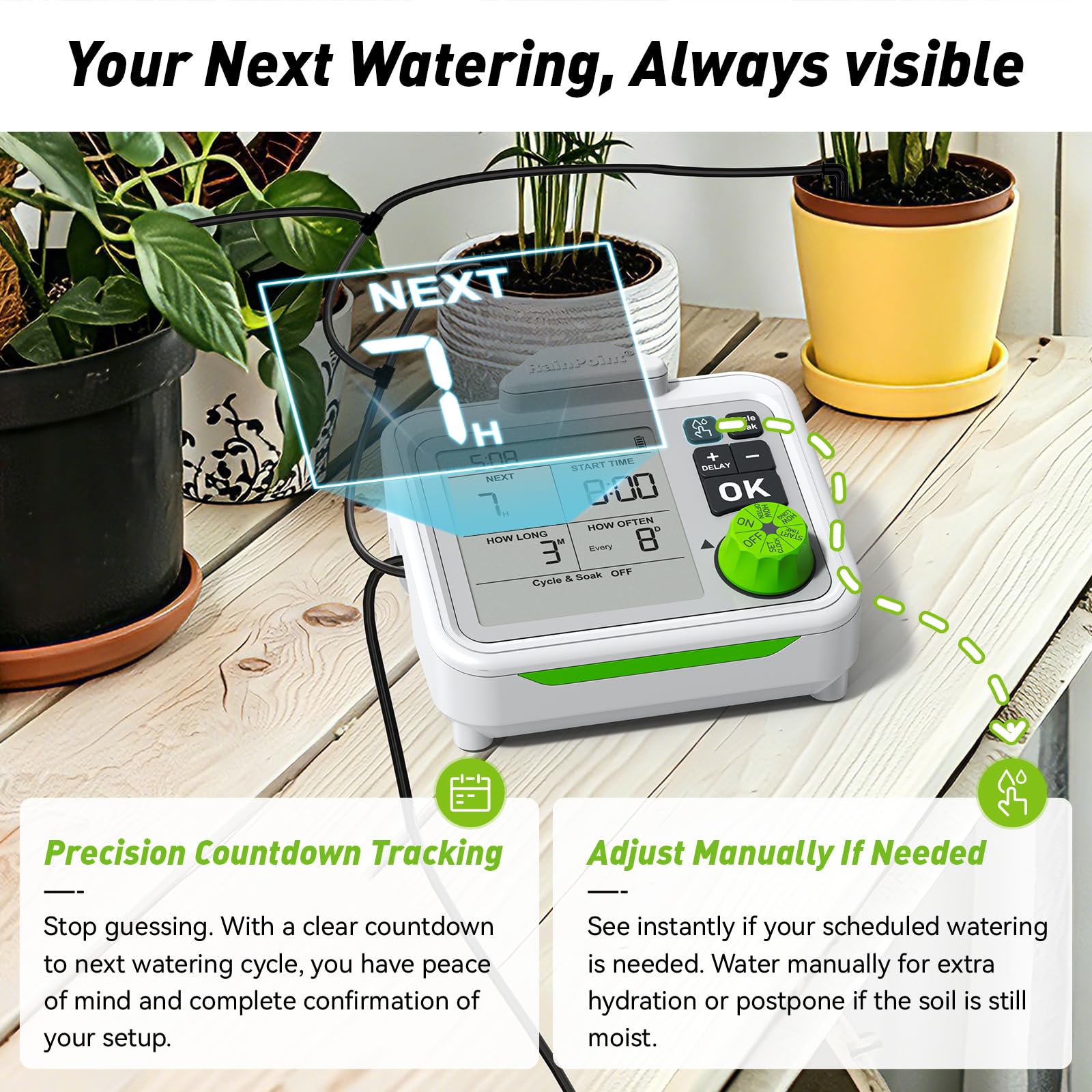 RAINPOINT pump with main tubing ready to connect for even indoor irrigation