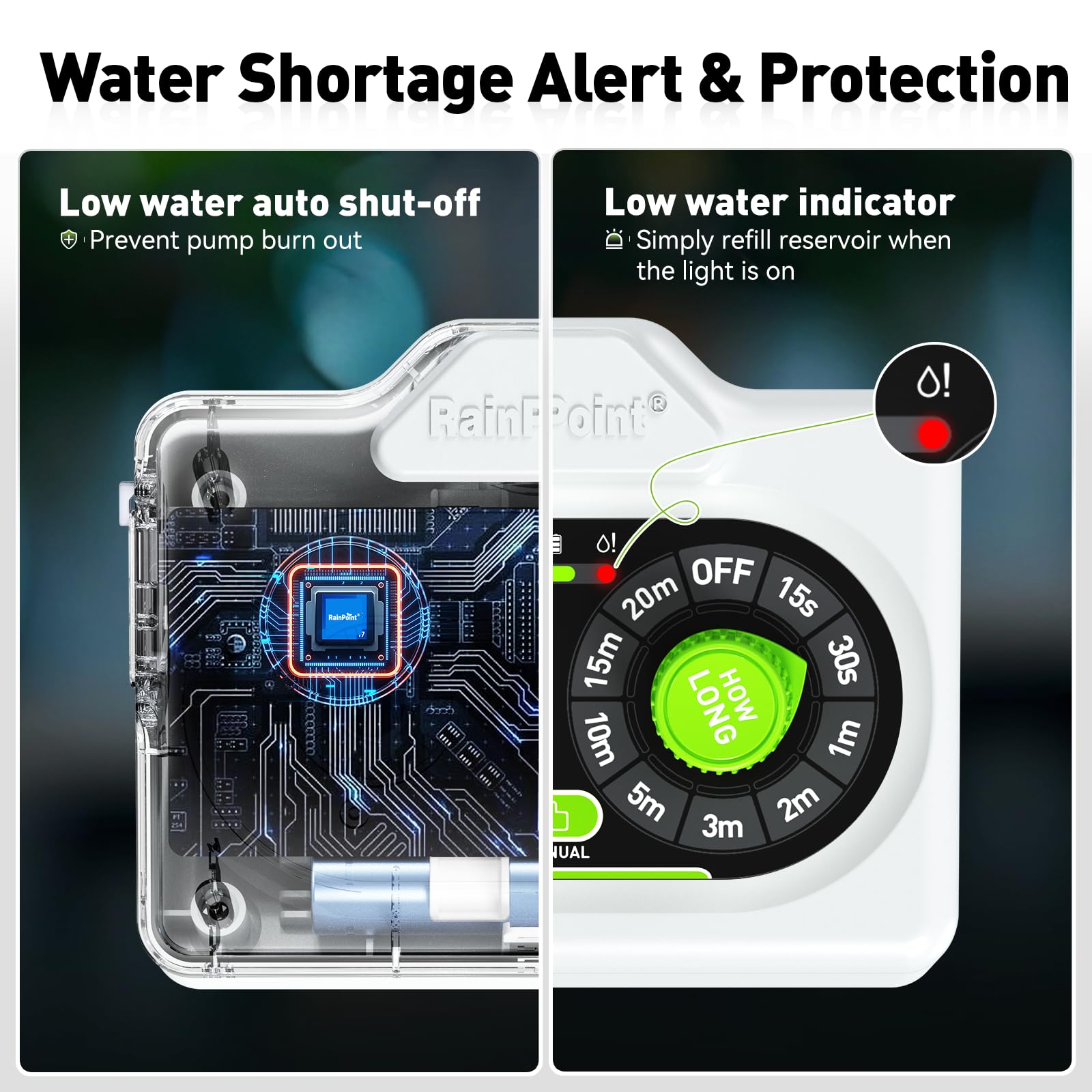 RAINPOINT pump installed in a water reservoir, benefit low-water protection