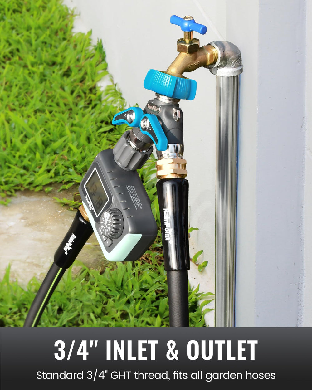 RAINPOINT size comparison mounted on outdoor faucet to show compact scale and fit