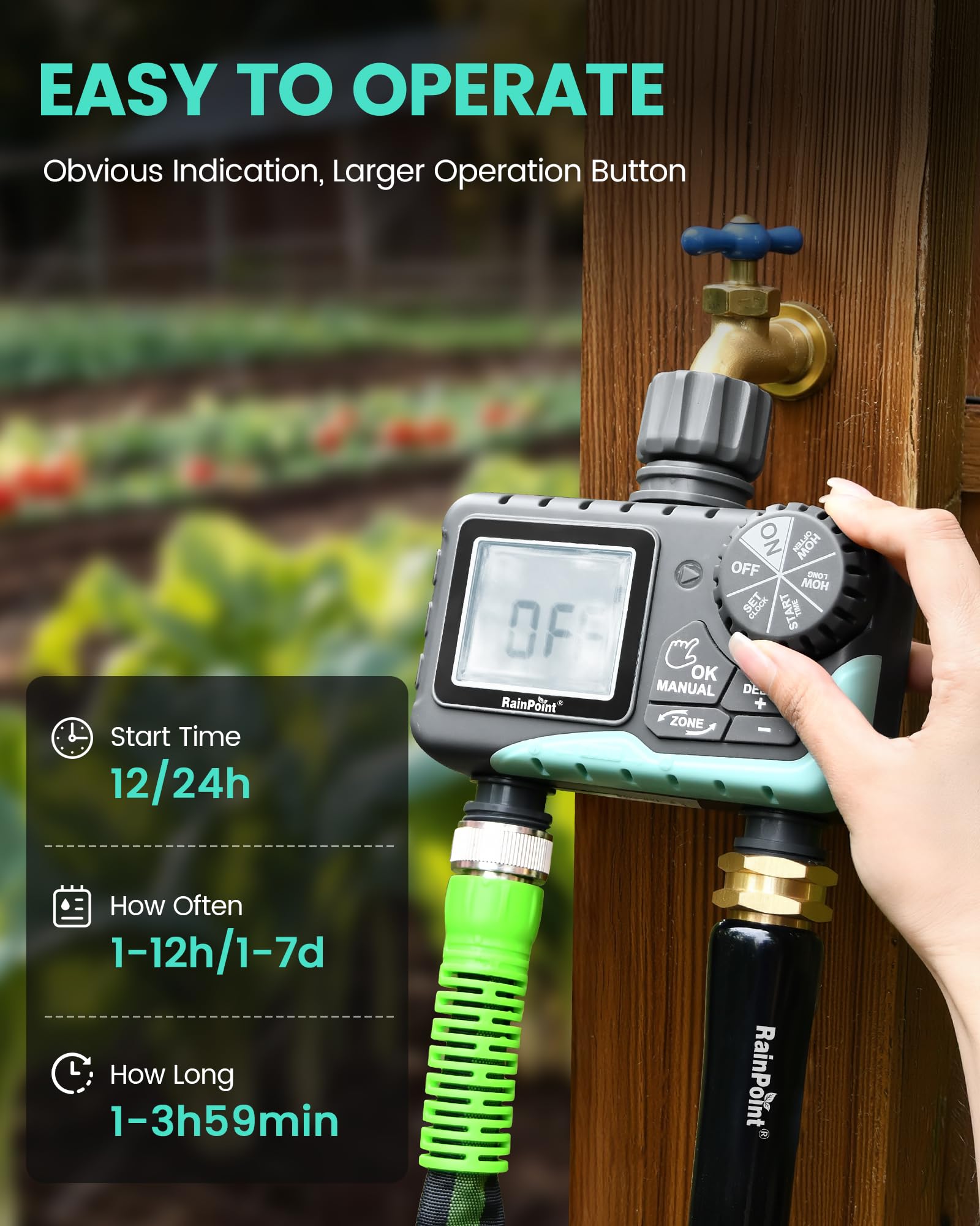 RAINPOINT next to a hand to show compact size and simple installation