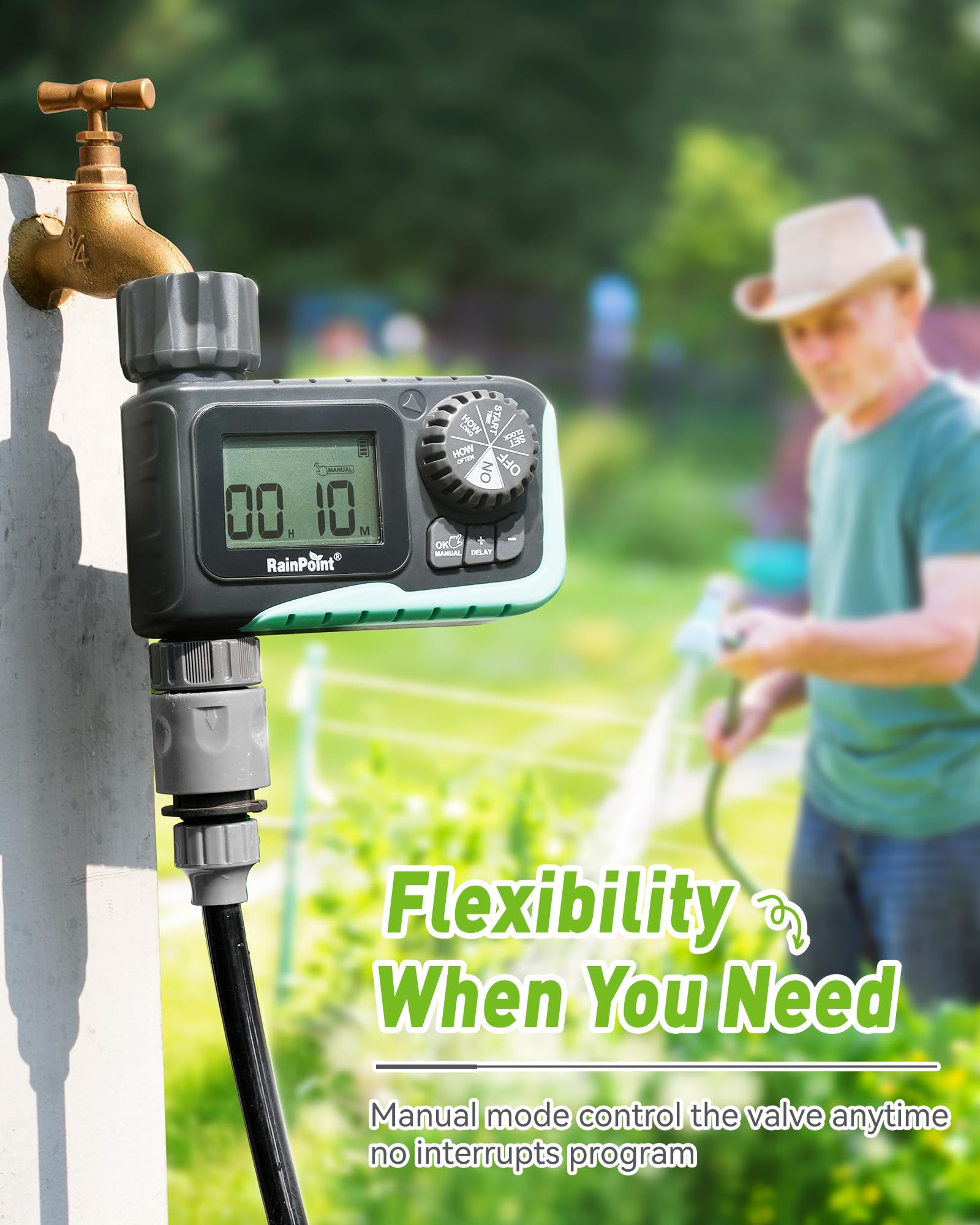 RAINPOINT size comparison beside a garden hose for compact installation clarity