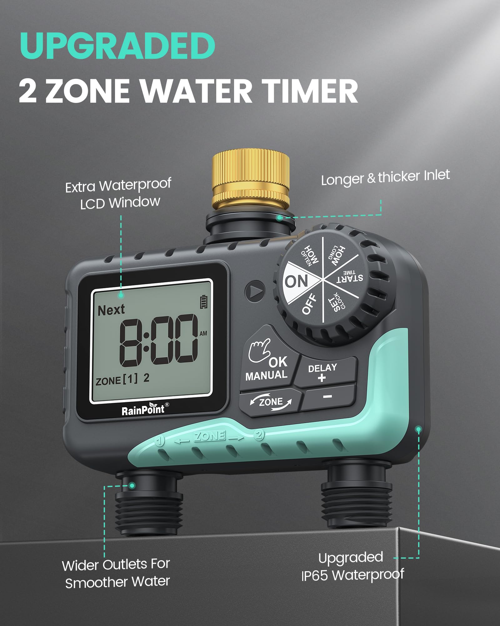 RAINPOINT side view with two hose connections illustrating separate zone hookups
