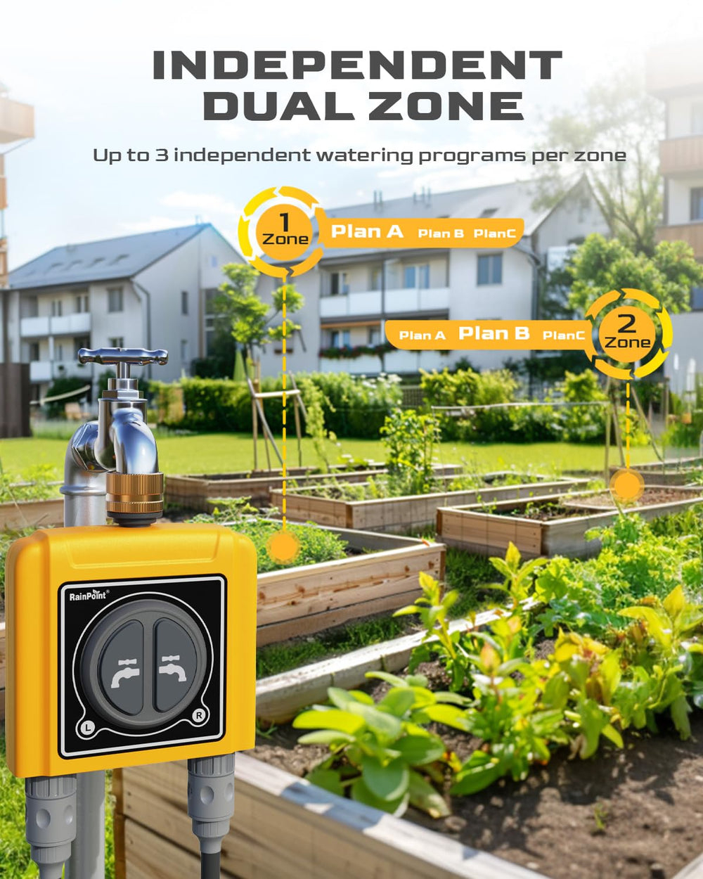 RAINPOINT size and scale next to hand showing compact build and easy installation