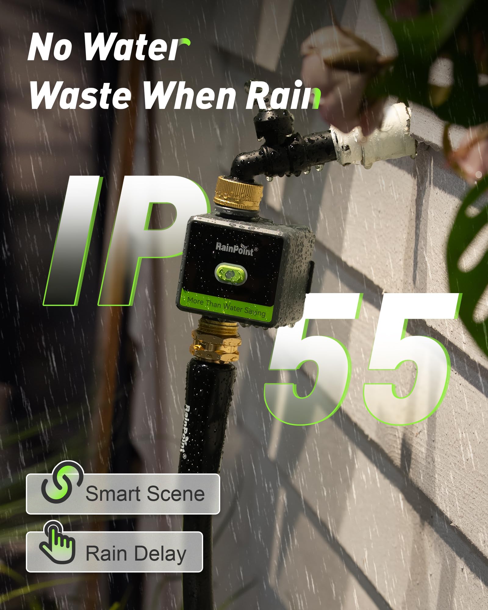RAINPOINT size comparison with hand showing compact design and easy installation