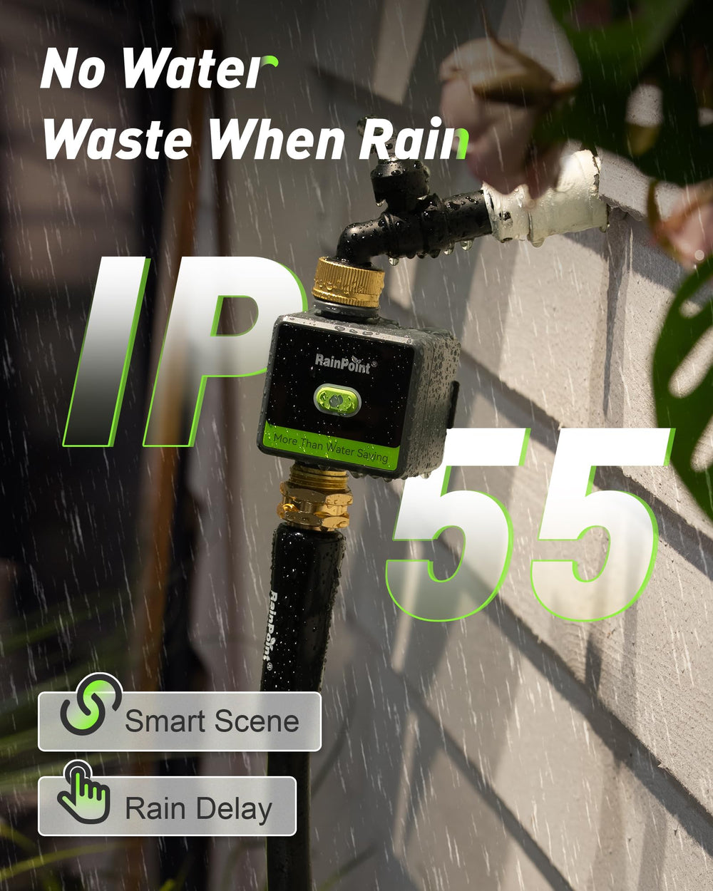 RAINPOINT size comparison with hand showing compact design and easy installation