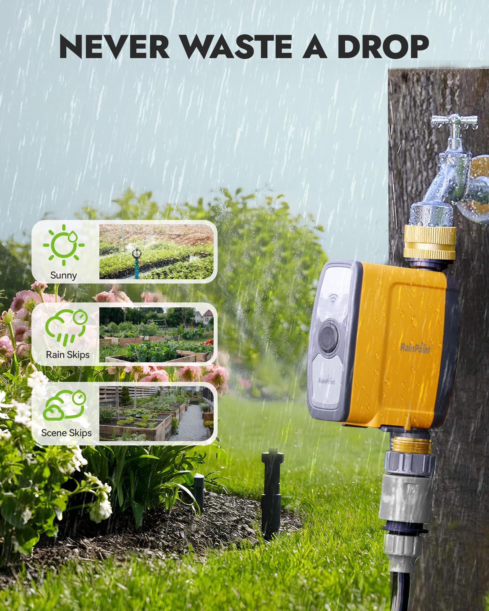 RAINPOINT paired with soil sensor in planting bed, moisture-based irrigation benefit