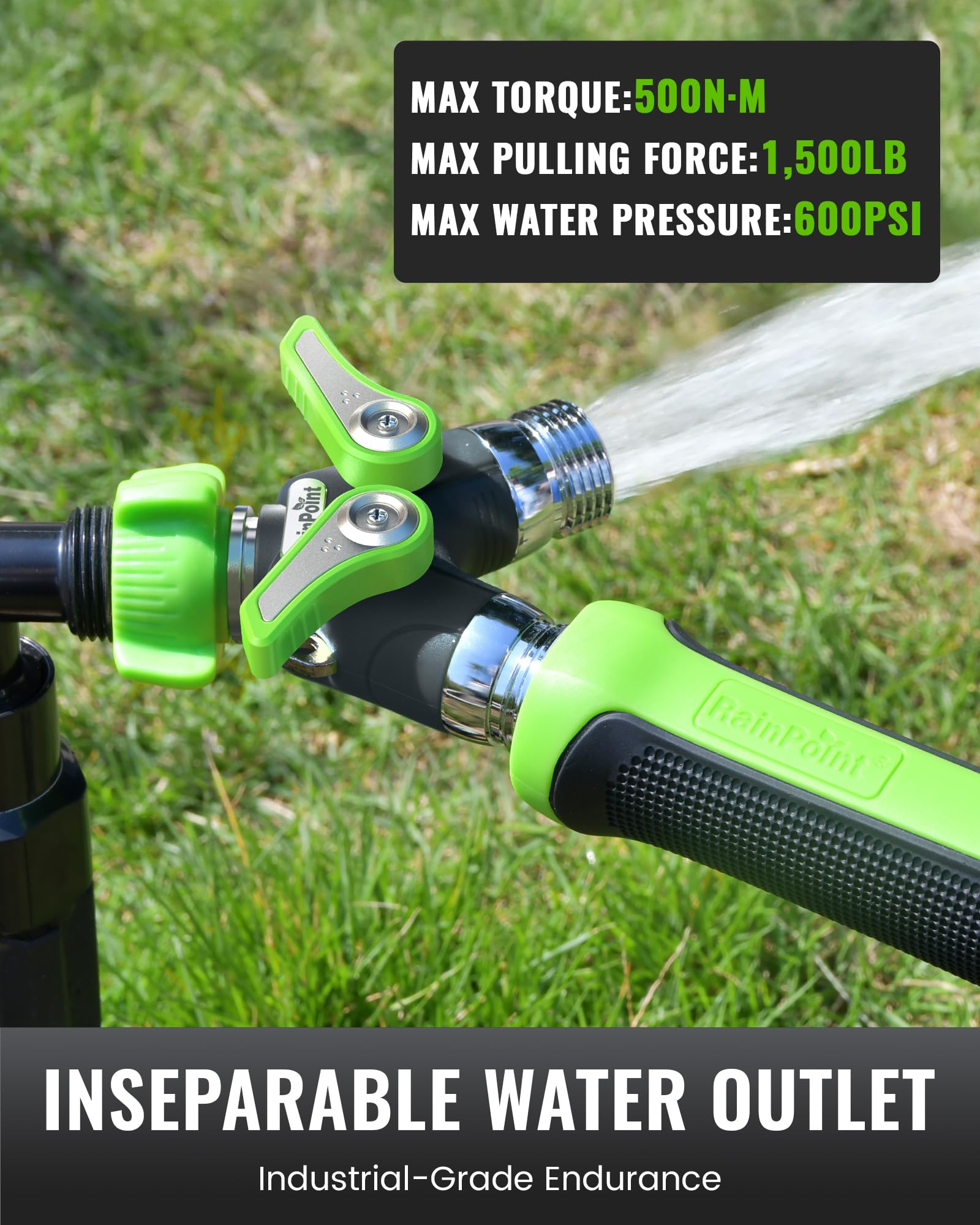 RAINPOINT connected to two garden hoses demonstrating full-flow dual output benefit