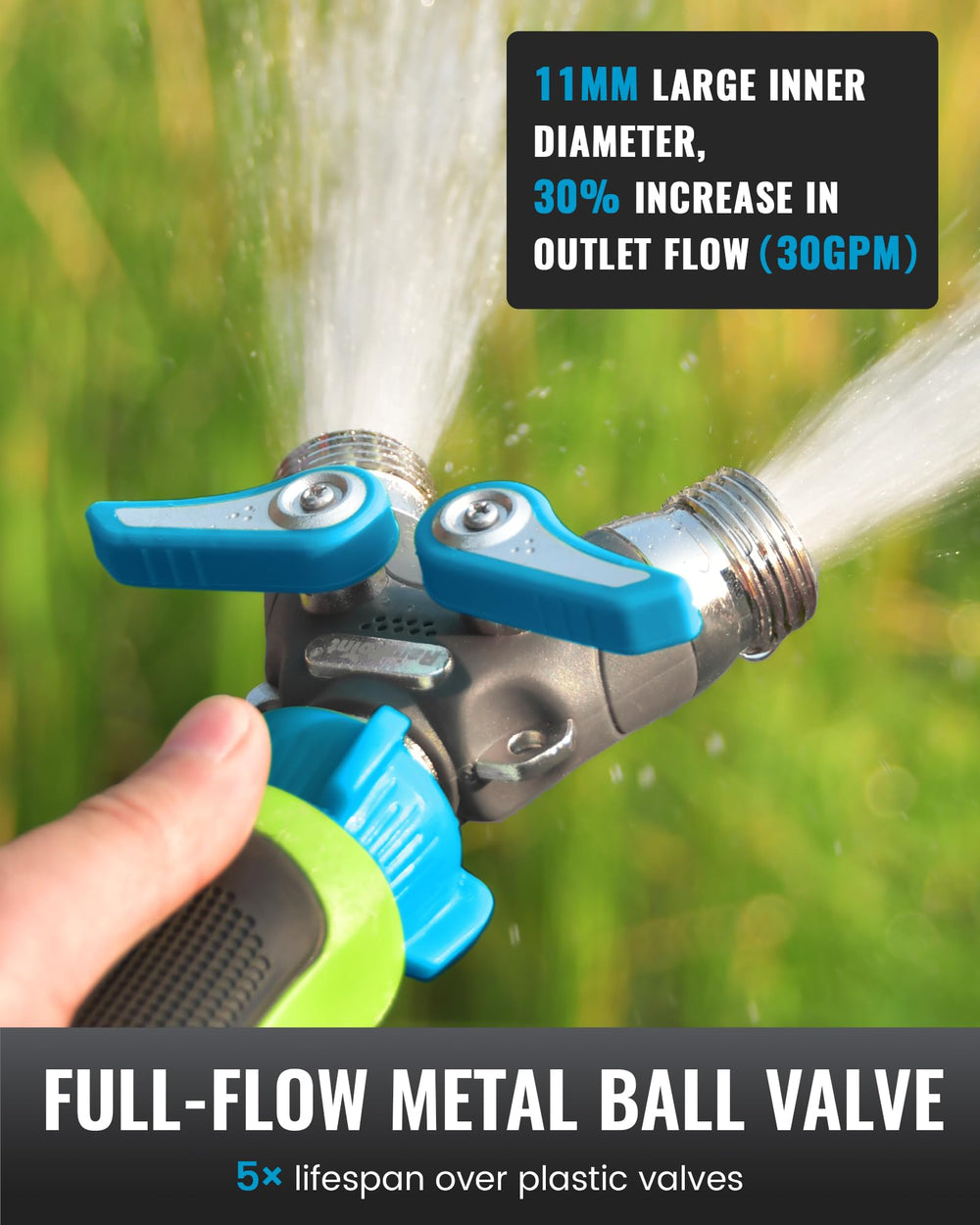 RAINPOINT splitter attached to faucet with two hoses running to garden and sprinkler