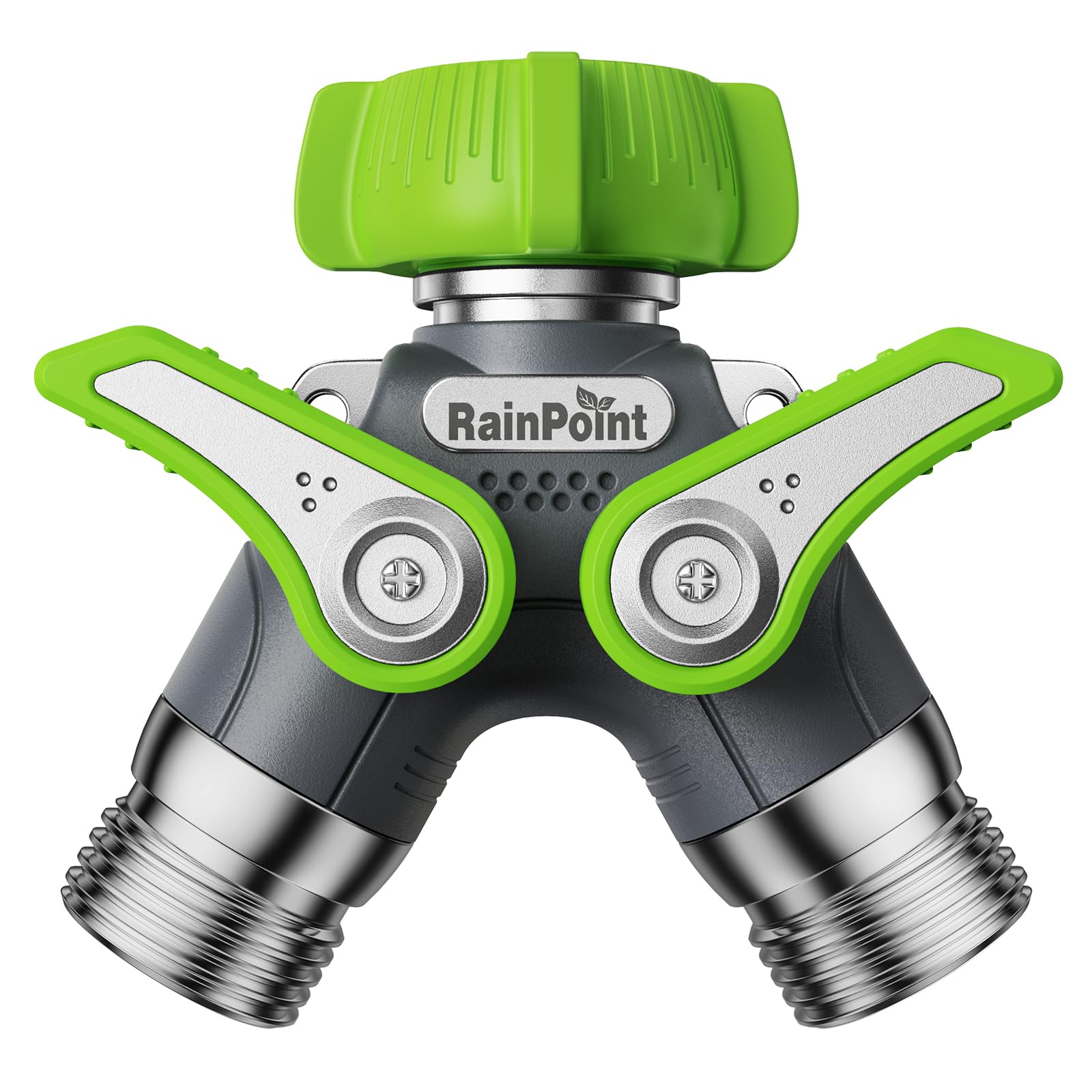 RAINPOINT front view showing compact two-way metal splitter and shutoff valves for durability