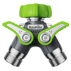 RAINPOINT front view showing compact two-way metal splitter and shutoff valves for durability
