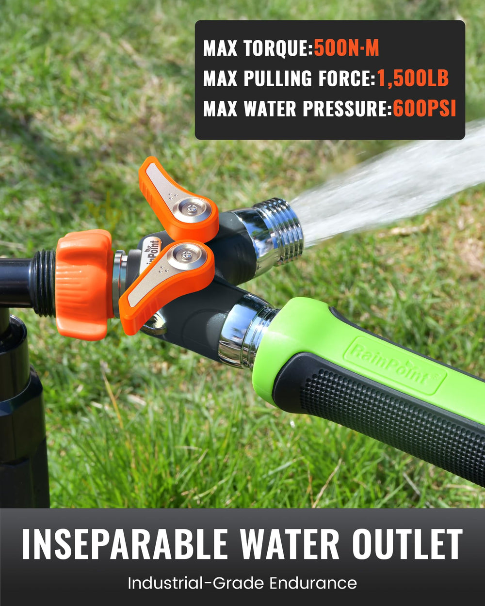 RAINPOINT splitter attached to two garden hoses demonstrating simultaneous use