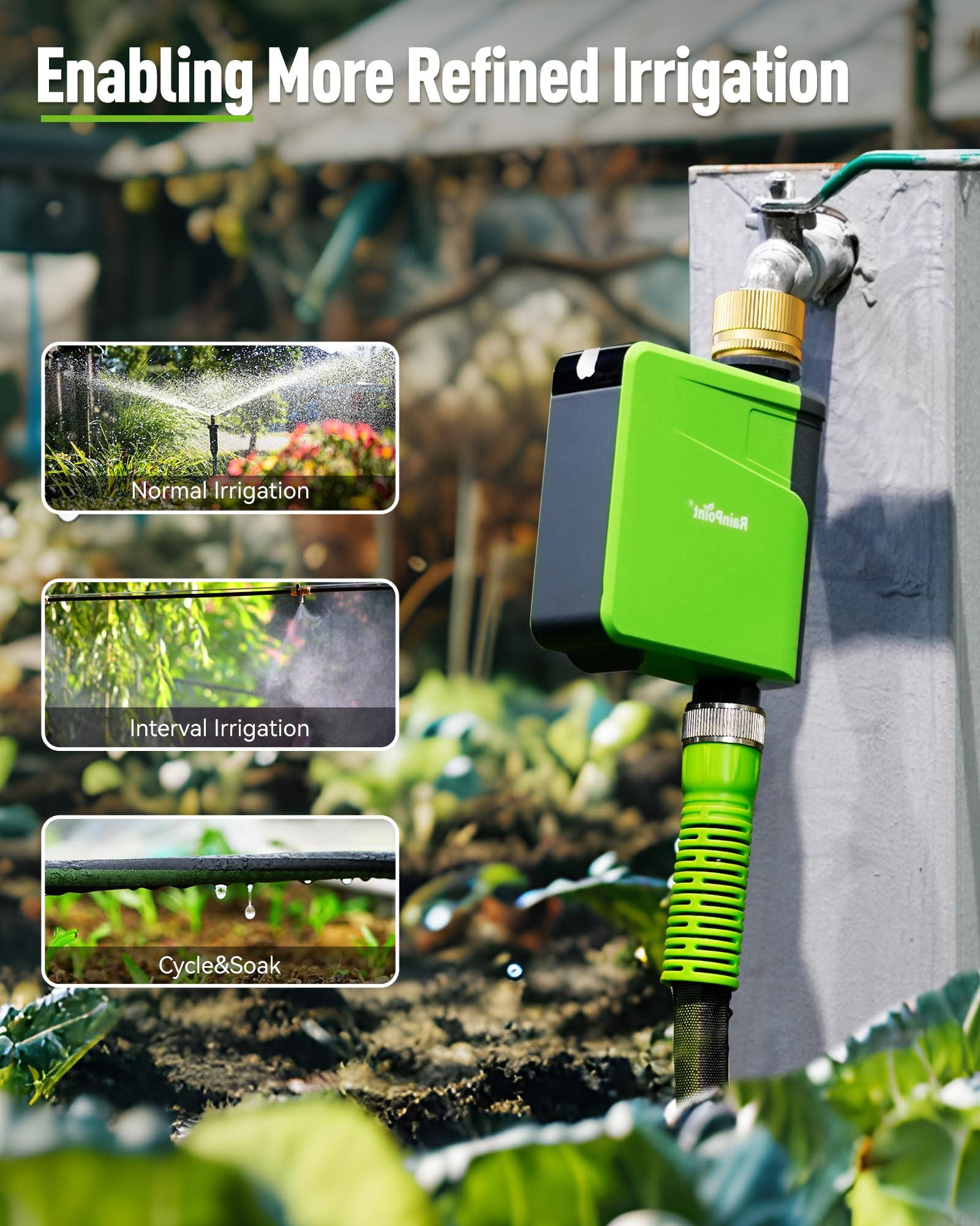 RAINPOINT timer installed beside lawn illustrating automated watering convenience outdoors