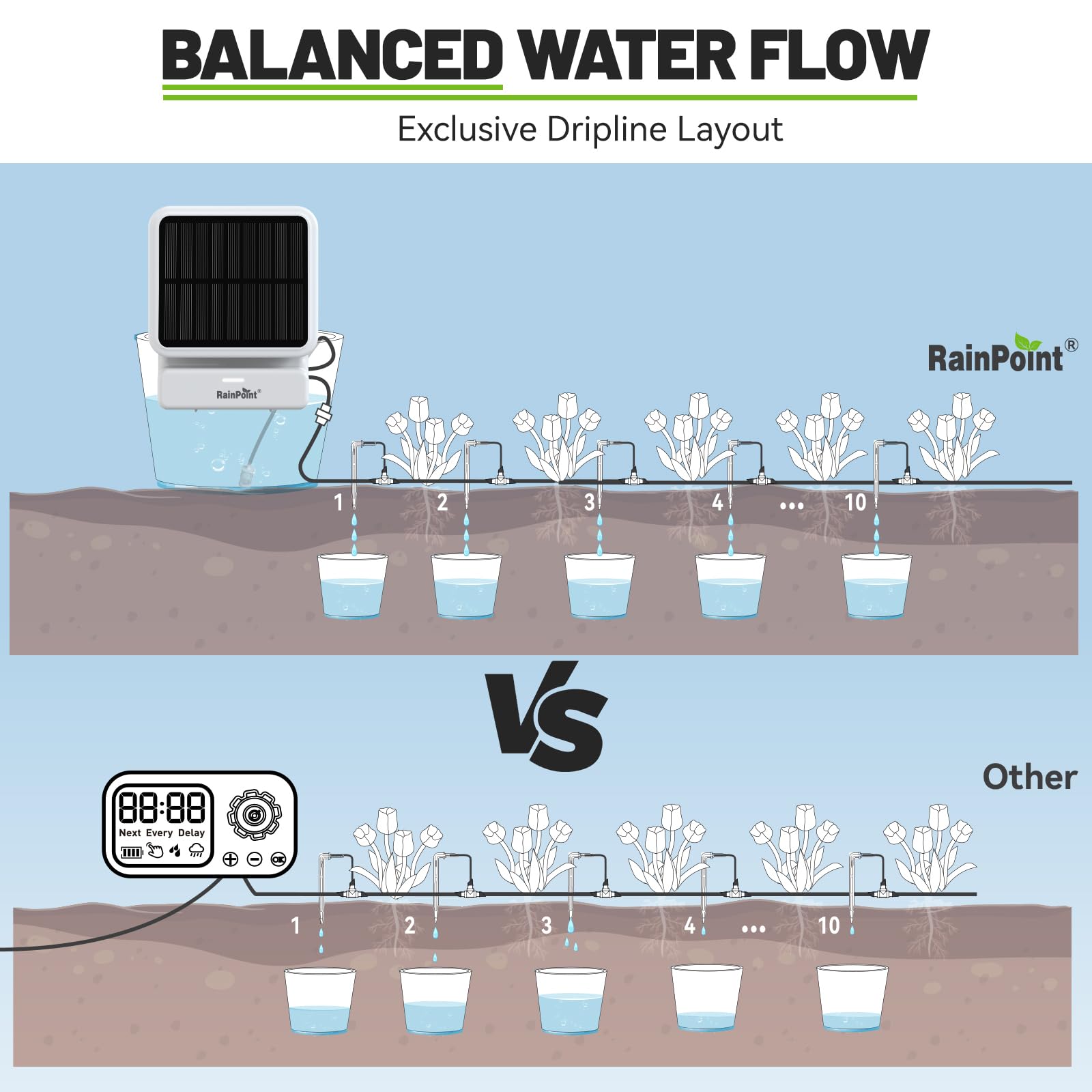 RAINPOINT tubing layout topdown illustrating tidy multi-plant coverage