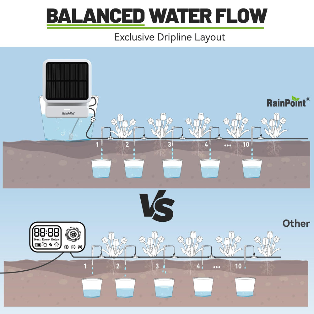 RAINPOINT tubing layout topdown illustrating tidy multi-plant coverage