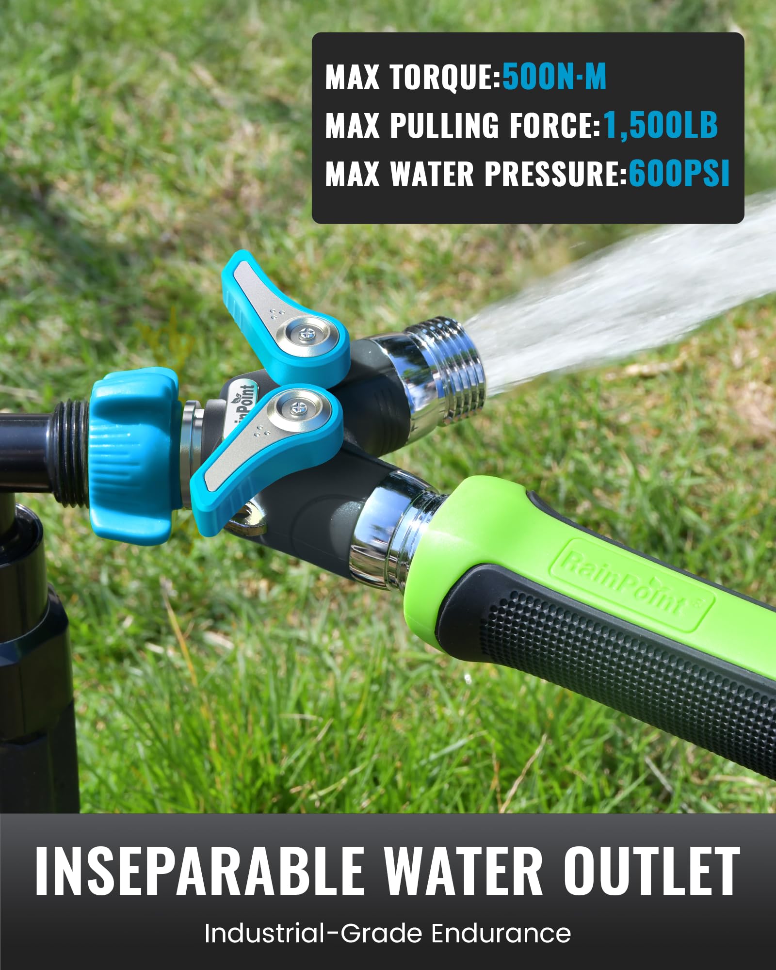 RAINPOINT two hoses attached to splitter delivering separate water lines efficiently