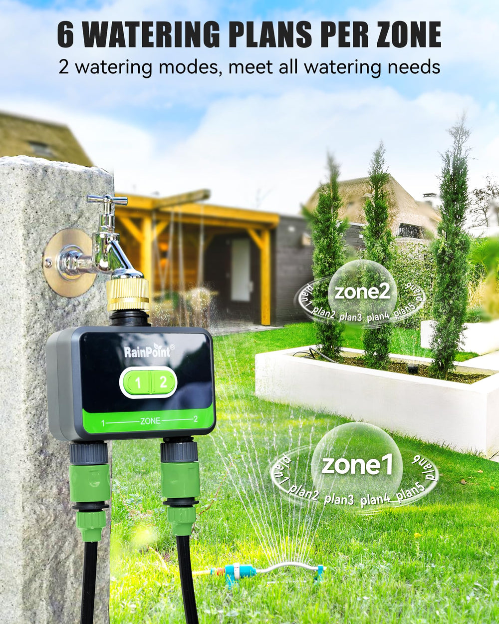 RAINPOINT connected to two hoses showing simultaneous zone watering convenience