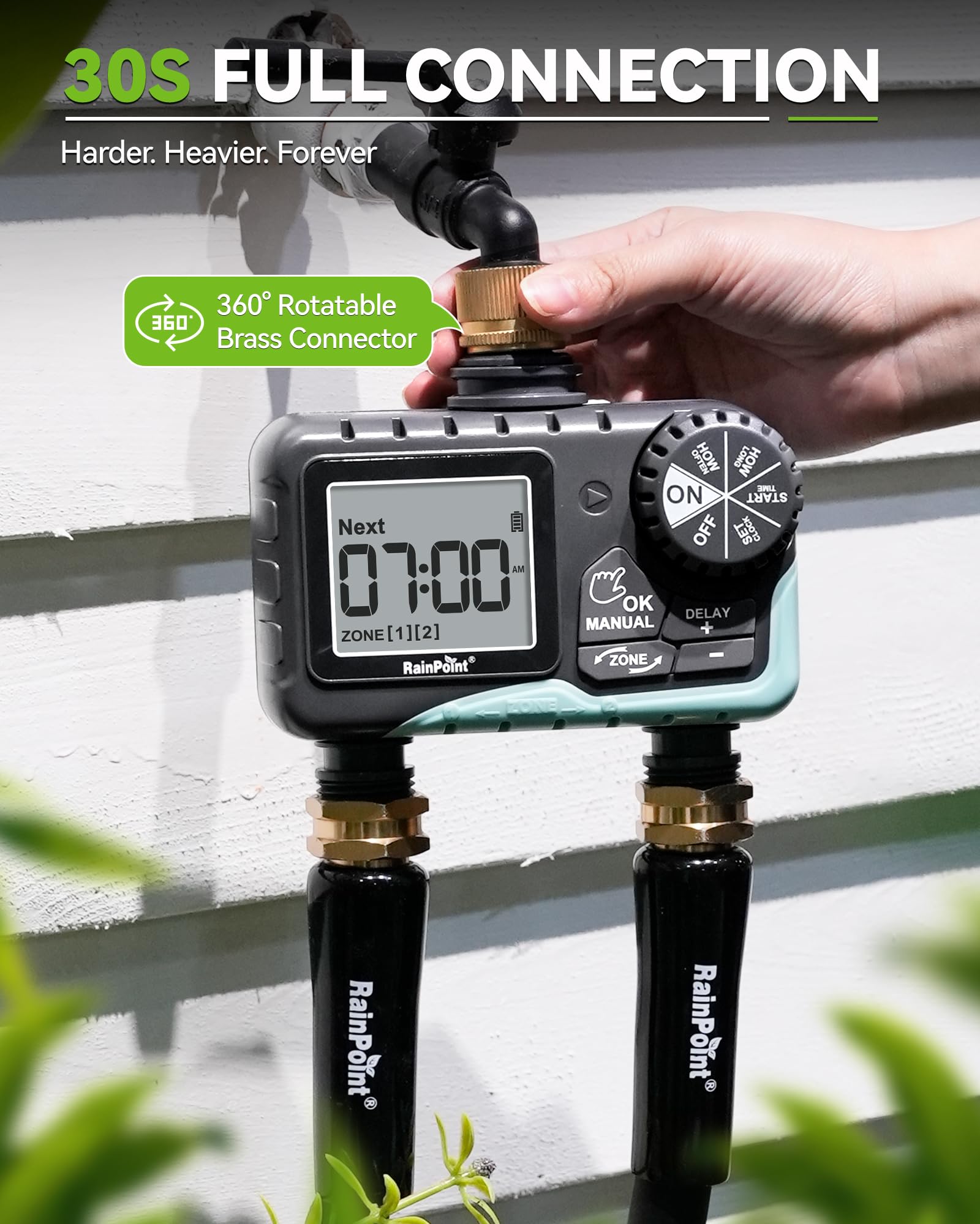 RAINPOINT two outlets attached to hoses delivering separate zone watering