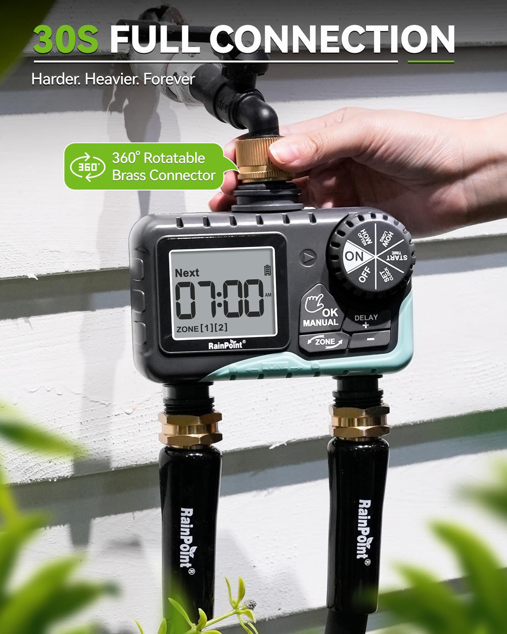 RAINPOINT two outlets attached to hoses delivering separate zone watering