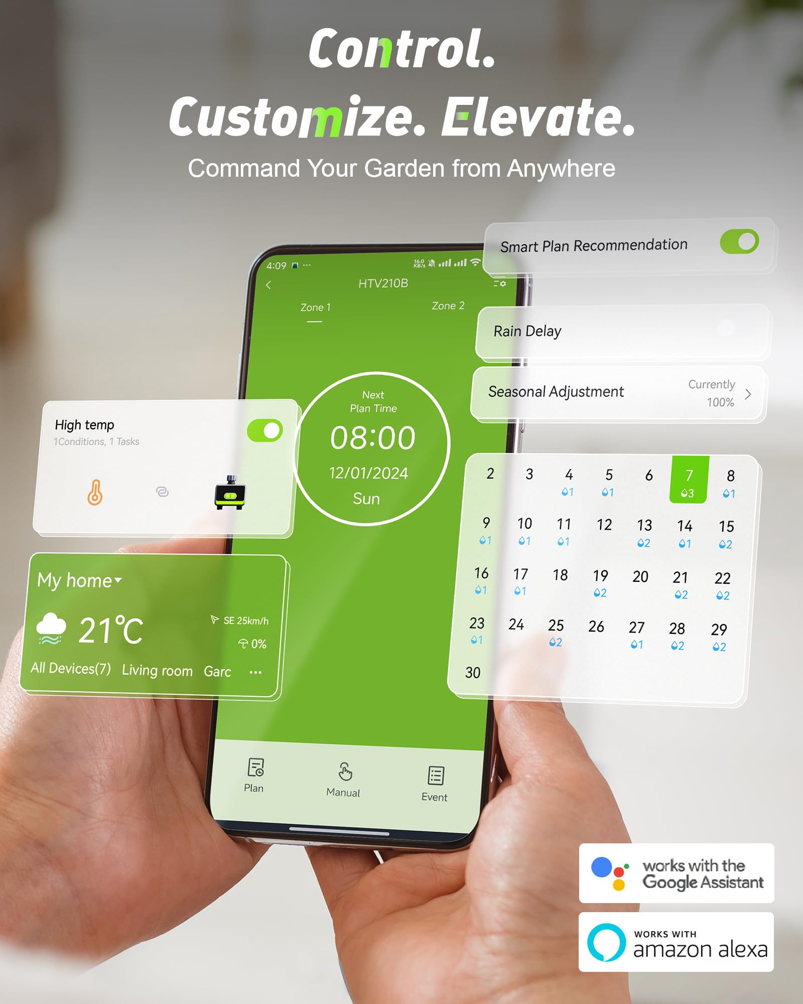 RainPoint app showing weather-aware watering suggestions, smarter schedules based on conditions