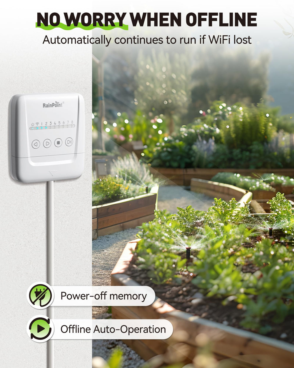 RAINPOINT app screen with zone labels and photos simplifying management benefit