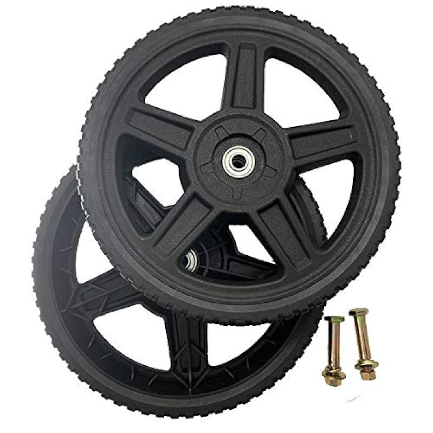 Raisman front view wheel shows tread and rim, improves mower stability