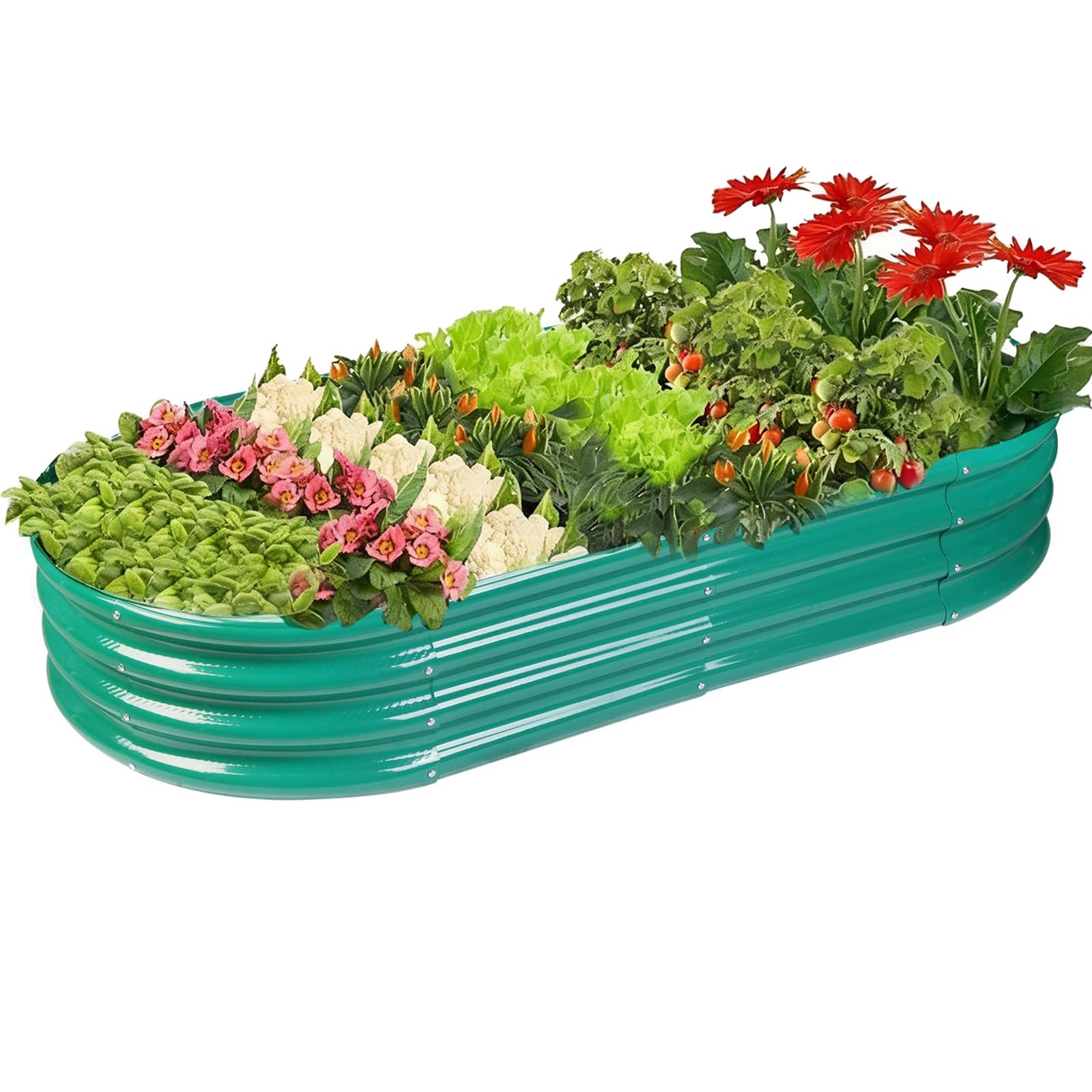 Rakukiri front view of oval galvanized garden bed showing sturdy build and capacity