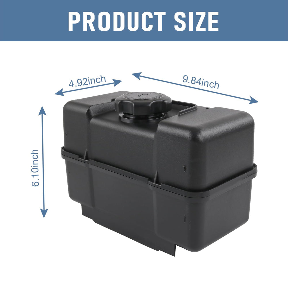RALBDX fuel tank beside ruler for scale to visualize size and installation clearance