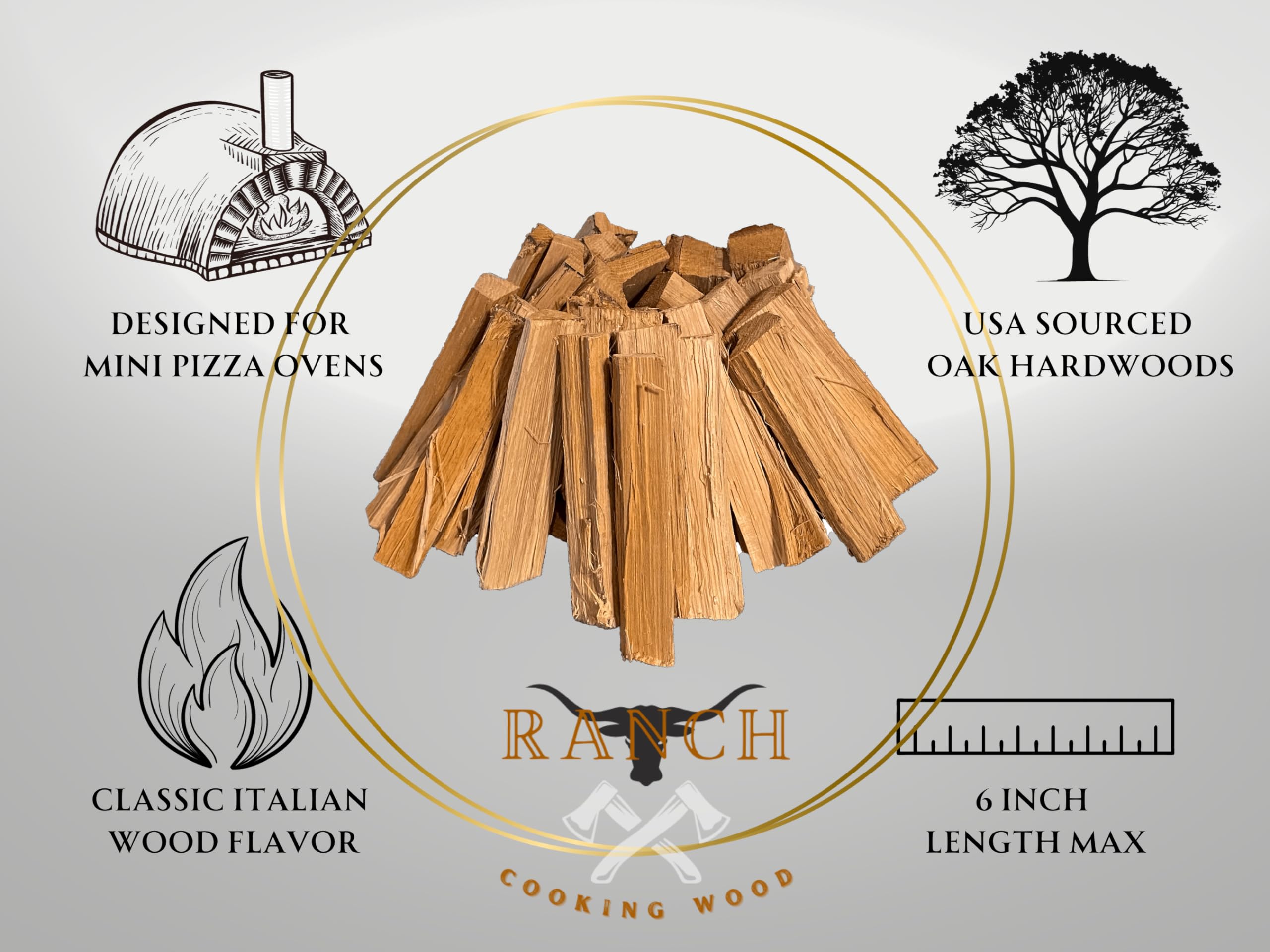 RANCH COOKING WOOD next to ruler showing 5–6 inch stick size for oven fit