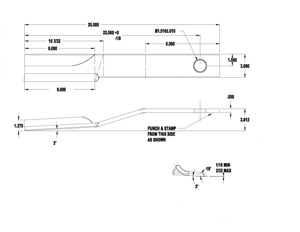Rancher Supply blade beside ruler showing 3 by 25 inch size for easy compatibility check