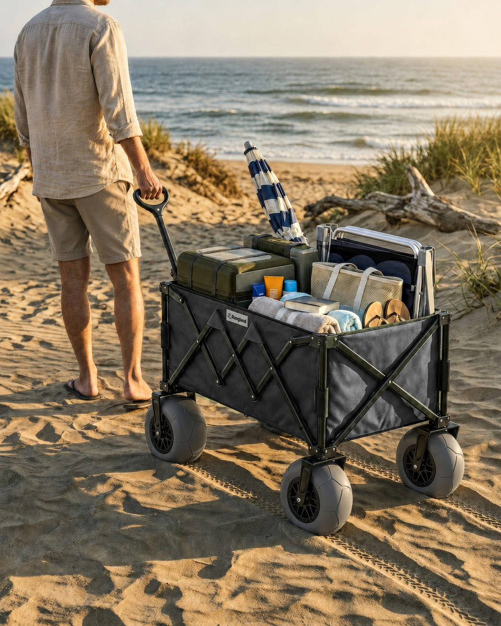 RANGLAND next to adult for scale illustrating cart size and capacity