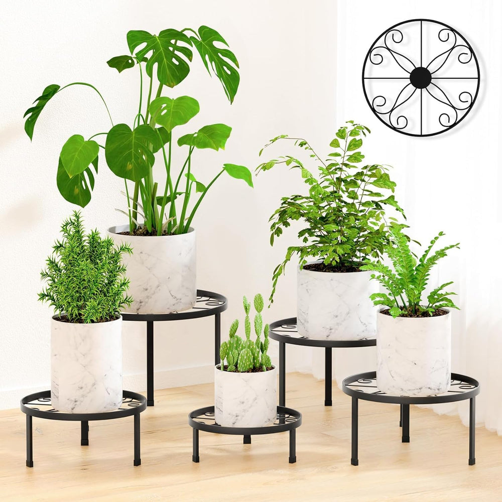 RANRTI front view of five black metal plant stands showing compact styling and instant setup
