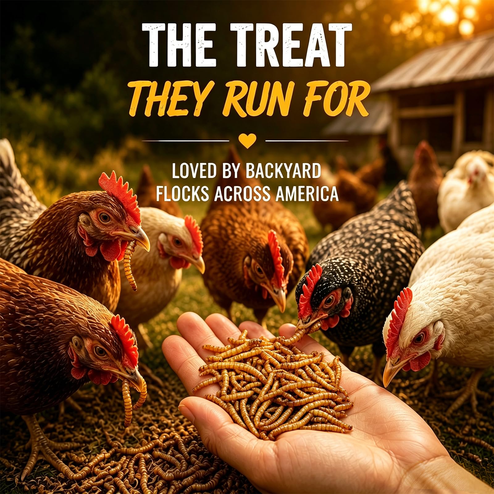 ranz chicken pecking mealworms from tray, high-protein treat for poultry