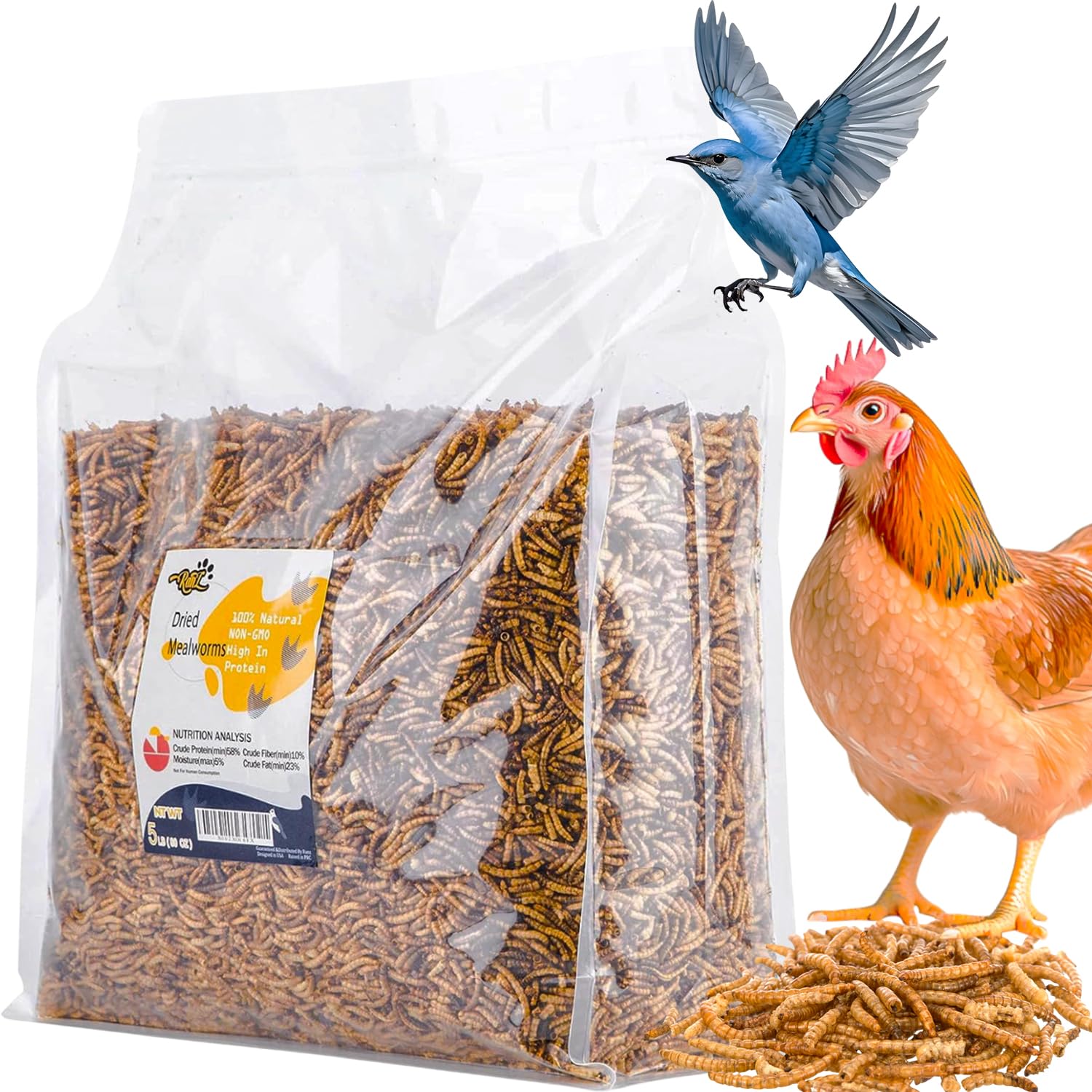 ranz front packaging showing 5lb bag and clear label, convenient storage benefit
