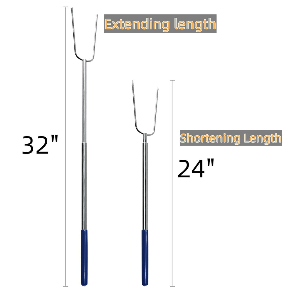 RAOMEIDE extended roasting stick held over campfire demonstrating 32-inch safety distance