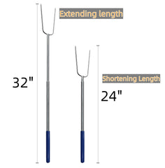 RAOMEIDE extended roasting stick held over campfire demonstrating 32-inch safety distance