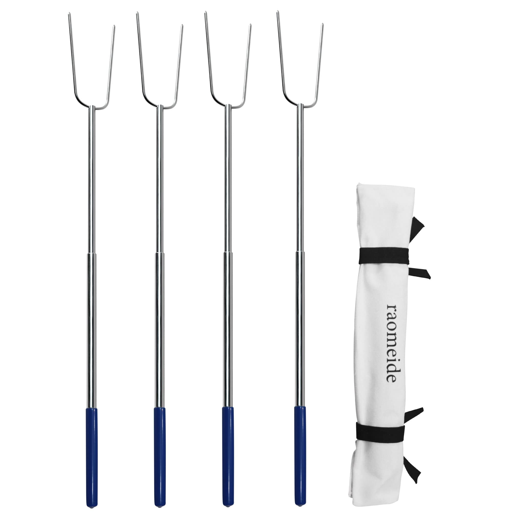 RAOMEIDE front view of four-pack roasting sticks showing durable construction and included bag