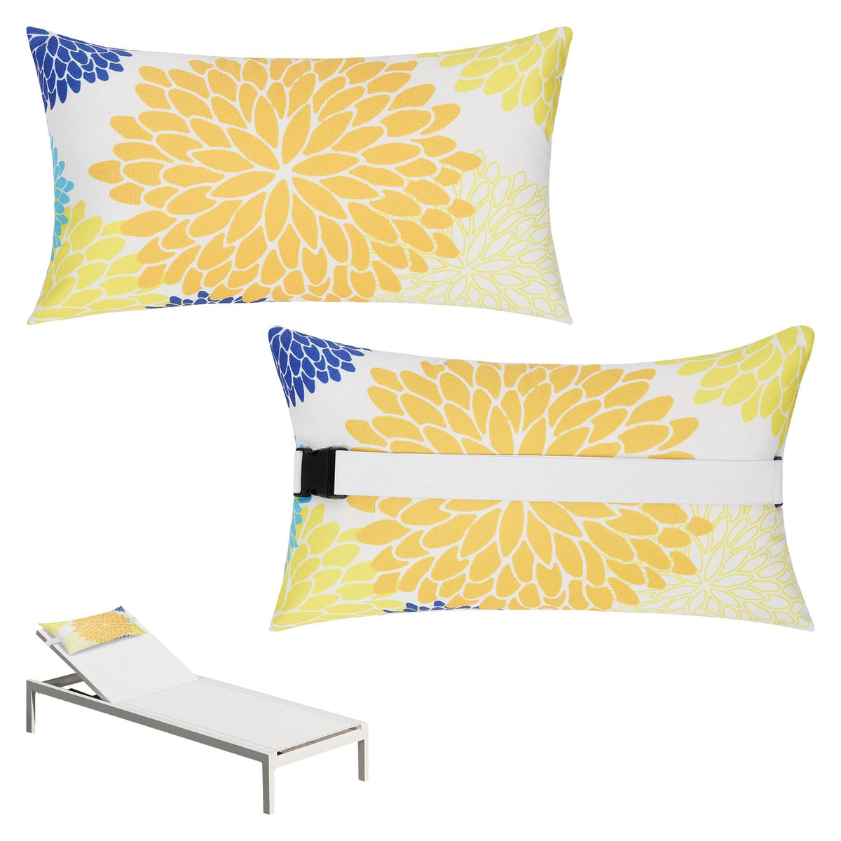 Rasugarlary front view of two yellow blue flower pillows showing design and size benefit