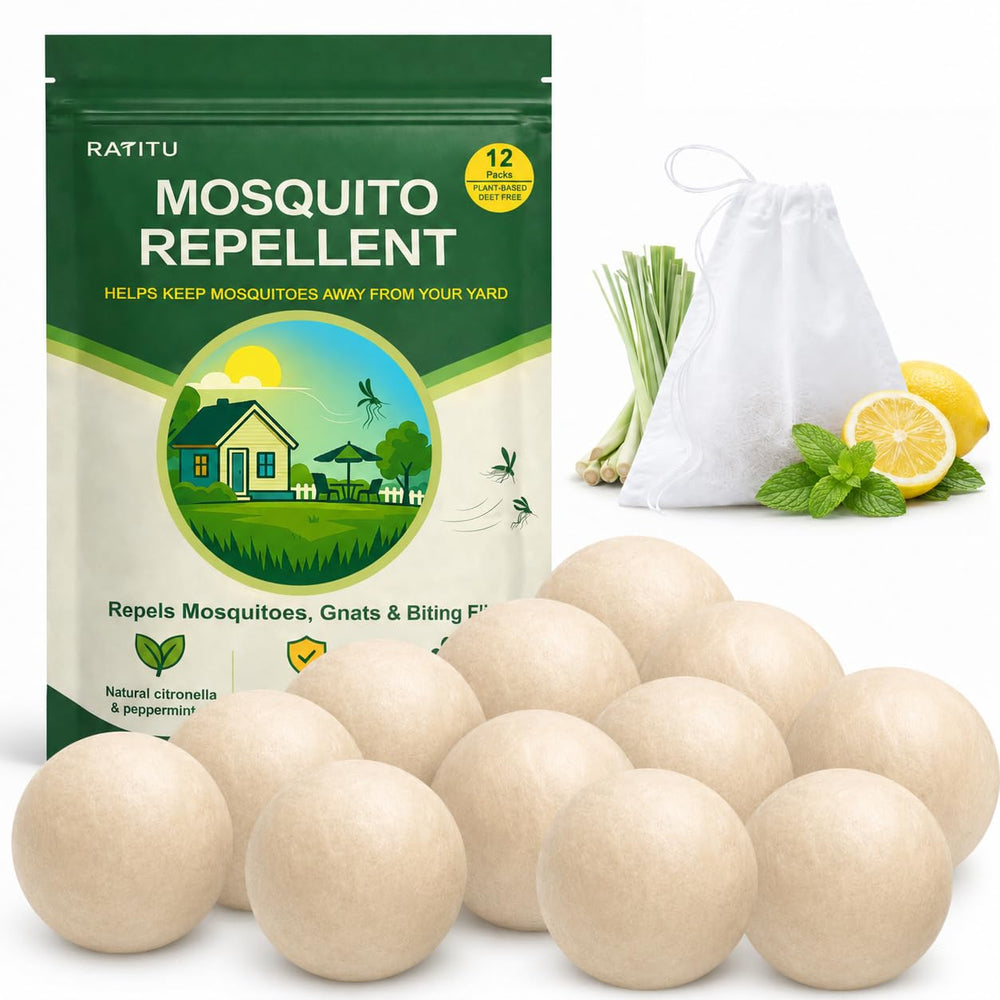 RATITU front packaging showing 12 natural mosquito repellent balls and benefits